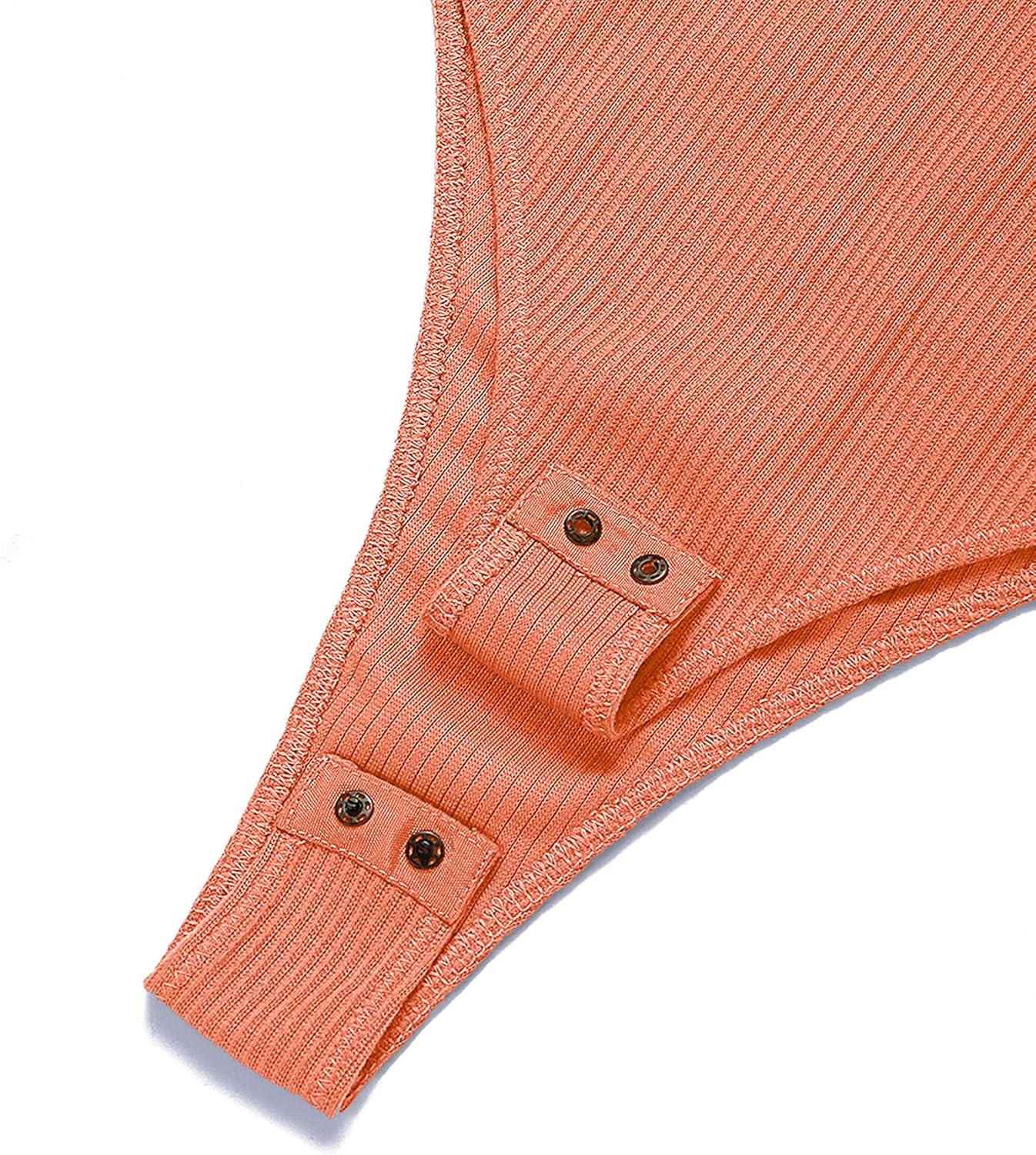 imageMEROKEETY Womens Ribbed Tank Top Sleeveless Bodysuits Summer 2026 V Neck Button Body Suit Tummy Control TshirtSalmon