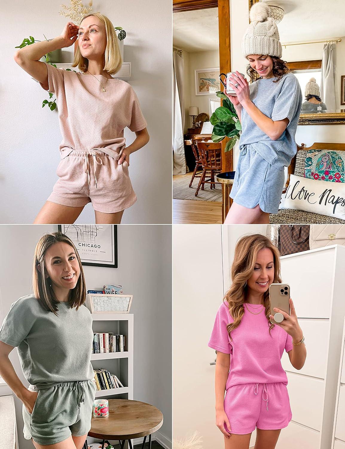 imageMEROKEETY Womens Short Sleeve Waffle Pajama Sets Lounge Top and Shorts 2 Piece Tracksuit OutfitsRose Pink