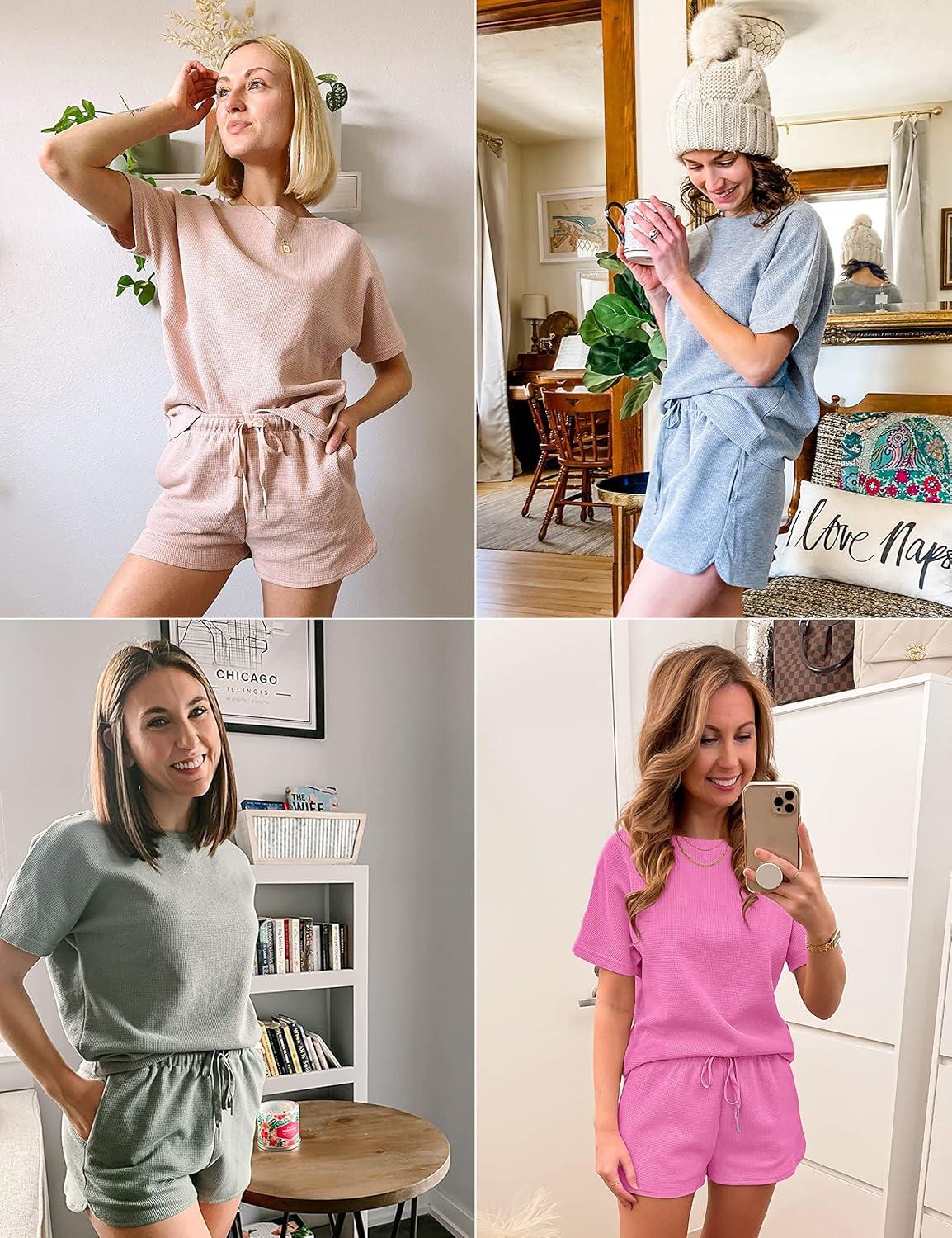 imageMEROKEETY Womens Short Sleeve Waffle Pajama Sets Lounge Top and Shorts 2 Piece Tracksuit OutfitsRose Pink