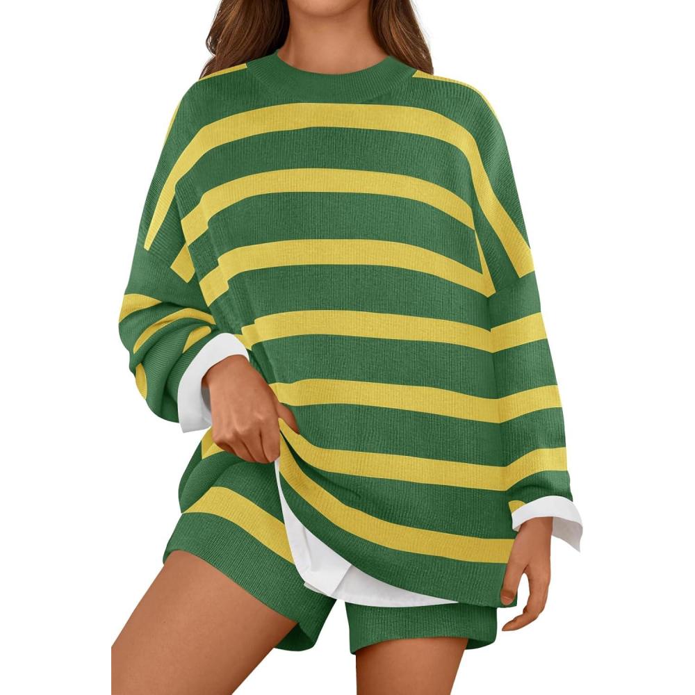 imageMEROKEETY Womens 2 Piece Sweater Lounge Sets Striped Long Sleeve Shorts Oversized Matching OutfitsGrasscombo