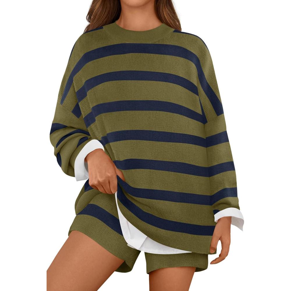 imageMEROKEETY Womens 2 Piece Sweater Lounge Sets Striped Long Sleeve Shorts Oversized Matching OutfitsOlivecombo