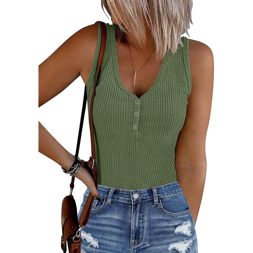 imageMEROKEETY Womens Ribbed Tank Top Sleeveless Bodysuits Summer 2026 V Neck Button Body Suit Tummy Control TshirtGreen