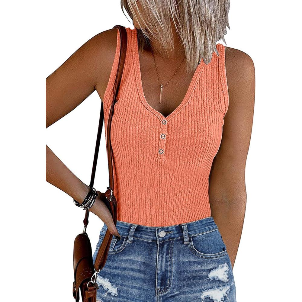 imageMEROKEETY Womens Ribbed Tank Top Sleeveless Bodysuits Summer 2026 V Neck Button Body Suit Tummy Control TshirtSalmon