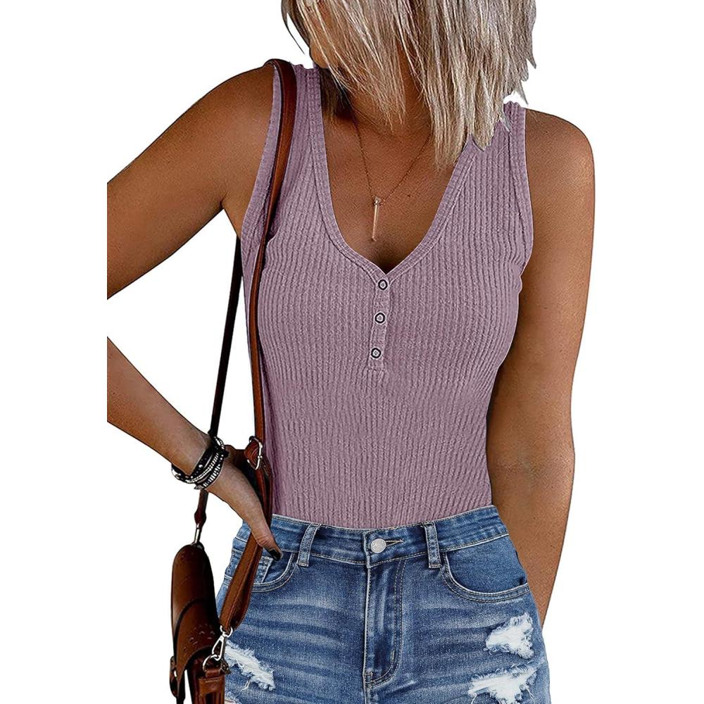 imageMEROKEETY Womens Ribbed Tank Top Sleeveless Bodysuits Summer 2026 V Neck Button Body Suit Tummy Control TshirtTaro