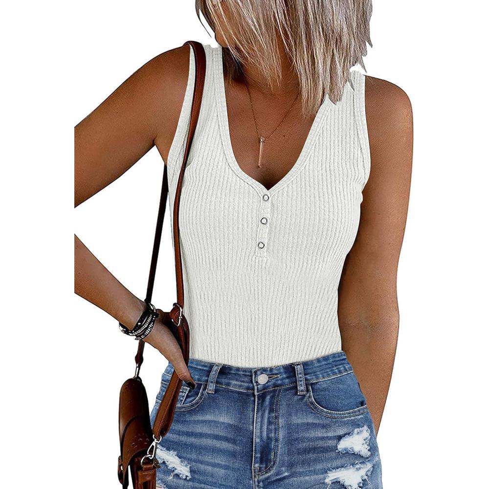 imageMEROKEETY Womens Ribbed Tank Top Sleeveless Bodysuits Summer 2026 V Neck Button Body Suit Tummy Control TshirtWhite