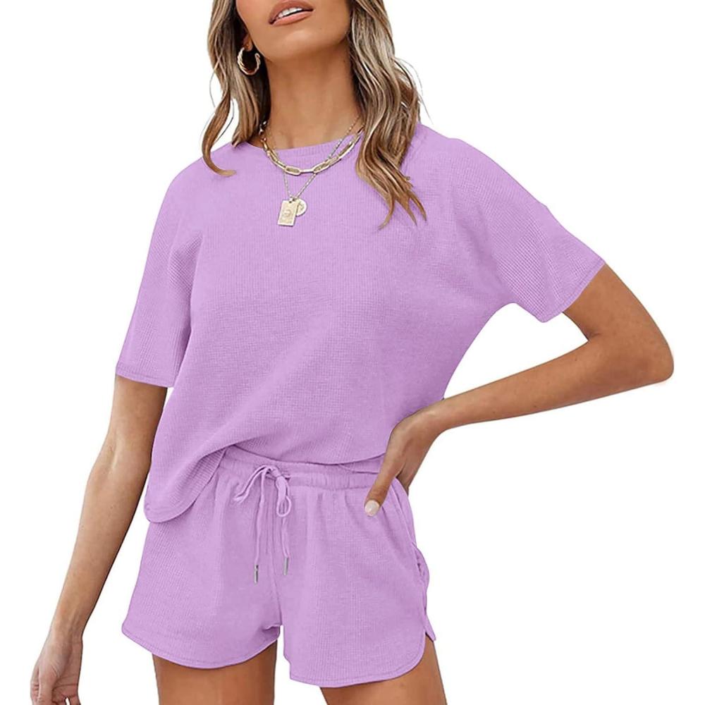 imageMEROKEETY Womens Short Sleeve Waffle Pajama Sets Lounge Top and Shorts 2 Piece Tracksuit OutfitsPurple