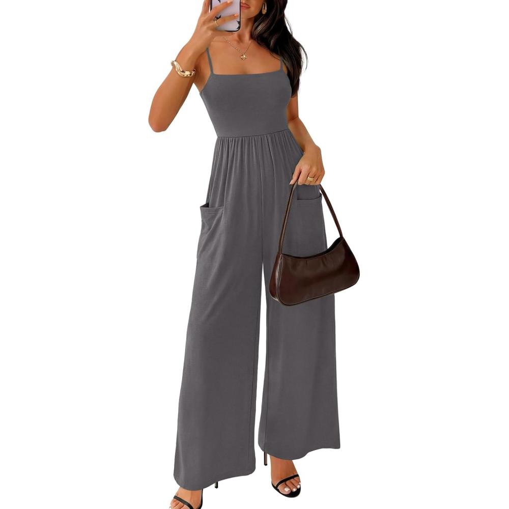 imageMEROKEETY Womens Summer Casual Rompers Sleeveless Spaghetti Strap Boho Wide Leg Jumpsuits Travel Vacation Outfits OverallsCharcoal