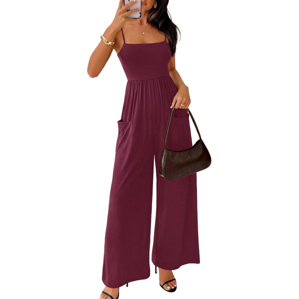 imageMEROKEETY Womens Summer Casual Rompers Sleeveless Spaghetti Strap Boho Wide Leg Jumpsuits Travel Vacation Outfits OverallsWine