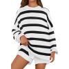 MEROKEETY Women’s 2 Piece Sweater Lounge Sets Striped Long Sleeve Shorts Oversized Matching Outfits(Blackcombo)