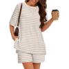 MEROKEETY Women’s Summer 2 Piece Lounge Sets 2026 Casual Short Sleeve Striped Tops Shorts Matching Airport Travel Outfits(Apricot)