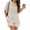 MEROKEETY Women’s Summer 2 Piece Lounge Sets 2026 Casual Short Sleeve Striped Tops Shorts Matching Airport Travel Outfits(Green)