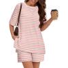 MEROKEETY Women’s Summer 2 Piece Lounge Sets 2026 Casual Short Sleeve Striped Tops Shorts Matching Airport Travel Outfits(Pink)
