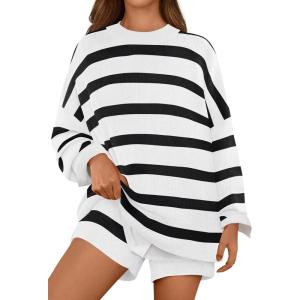 MEROKEETY Women’s 2 Piece Sweater Lounge Sets Striped Long Sleeve Shorts Oversized Matching Outfits(Blackcombo)