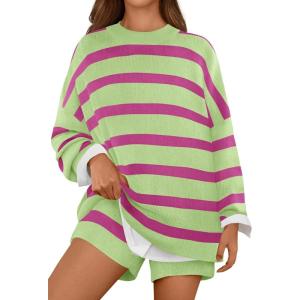 MEROKEETY Women’s 2 Piece Sweater Lounge Sets Striped Long Sleeve Shorts Oversized Matching Outfits(Greencombo)