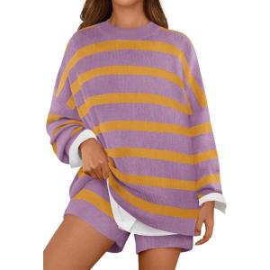 MEROKEETY Women’s 2 Piece Sweater Lounge Sets Striped Long Sleeve Shorts Oversized Matching Outfits(Purplecombo)