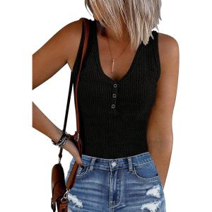 MEROKEETY Women’s Ribbed Tank Top Sleeveless Bodysuits Summer 2026 V Neck Button Body Suit Tummy Control Tshirt(Black)