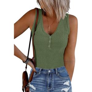 MEROKEETY Women’s Ribbed Tank Top Sleeveless Bodysuits Summer 2026 V Neck Button Body Suit Tummy Control Tshirt(Green)