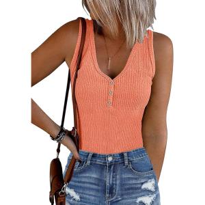 MEROKEETY Women’s Ribbed Tank Top Sleeveless Bodysuits Summer 2026 V Neck Button Body Suit Tummy Control Tshirt(Salmon)
