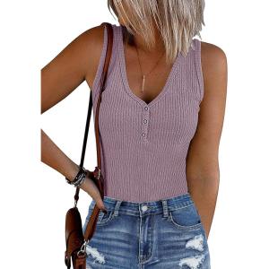 MEROKEETY Women’s Ribbed Tank Top Sleeveless Bodysuits Summer 2026 V Neck Button Body Suit Tummy Control Tshirt(Taro)