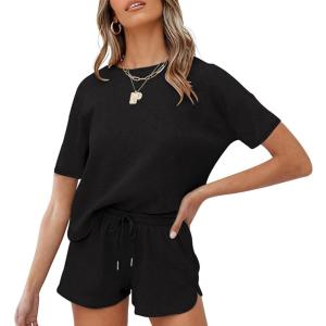 MEROKEETY Women’s Short Sleeve Waffle Pajama Sets Lounge Top and Shorts 2 Piece Tracksuit Outfits(Black)
