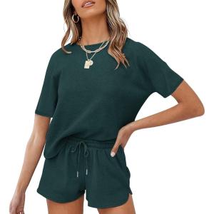 MEROKEETY Women’s Short Sleeve Waffle Pajama Sets Lounge Top and Shorts 2 Piece Tracksuit Outfits(Dark Green)