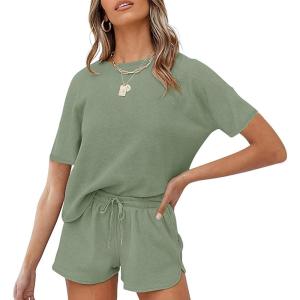 MEROKEETY Women’s Short Sleeve Waffle Pajama Sets Lounge Top and Shorts 2 Piece Tracksuit Outfits(Green)