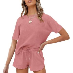 MEROKEETY Women’s Short Sleeve Waffle Pajama Sets Lounge Top and Shorts 2 Piece Tracksuit Outfits(Pink)