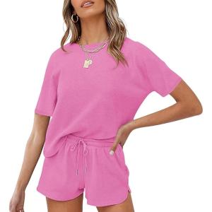 MEROKEETY Women’s Short Sleeve Waffle Pajama Sets Lounge Top and Shorts 2 Piece Tracksuit Outfits(Rose Pink)