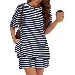 MEROKEETY Women’s Summer 2 Piece Lounge Sets 2026 Casual Short Sleeve Striped Tops Shorts Matching Airport Travel Outfits(Navy)