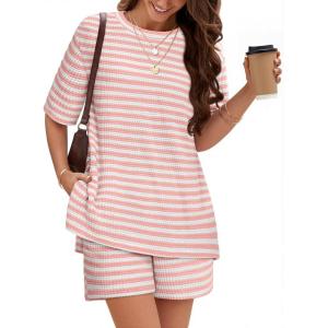 MEROKEETY Women’s Summer 2 Piece Lounge Sets 2026 Casual Short Sleeve Striped Tops Shorts Matching Airport Travel Outfits(Pink)