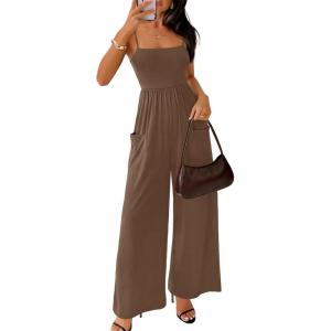 MEROKEETY Women’s Summer Casual Rompers Sleeveless Spaghetti Strap Boho Wide Leg Jumpsuits Travel Vacation Outfits Overalls(Brown)