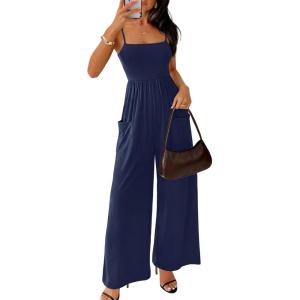 MEROKEETY Women’s Summer Casual Rompers Sleeveless Spaghetti Strap Boho Wide Leg Jumpsuits Travel Vacation Outfits Overalls(Navy)