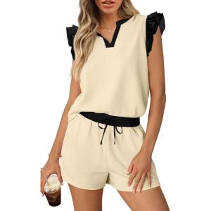 MEROKEETY Women’s Summer Two Piece Short Sets Ruffle Sleeve V Neck Cute Tops Matching Lounge Outfits(Apricot)