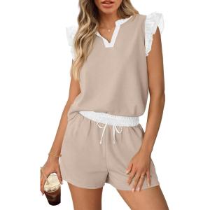 MEROKEETY Women’s Summer Two Piece Short Sets Ruffle Sleeve V Neck Cute Tops Matching Lounge Outfits(Khaki)