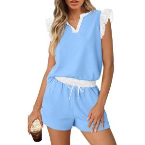 MEROKEETY Women’s Summer Two Piece Short Sets Ruffle Sleeve V Neck Cute Tops Matching Lounge Outfits(Lightblue)