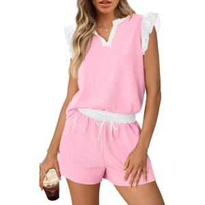 MEROKEETY Women’s Summer Two Piece Short Sets Ruffle Sleeve V Neck Cute Tops Matching Lounge Outfits(Lightpink)