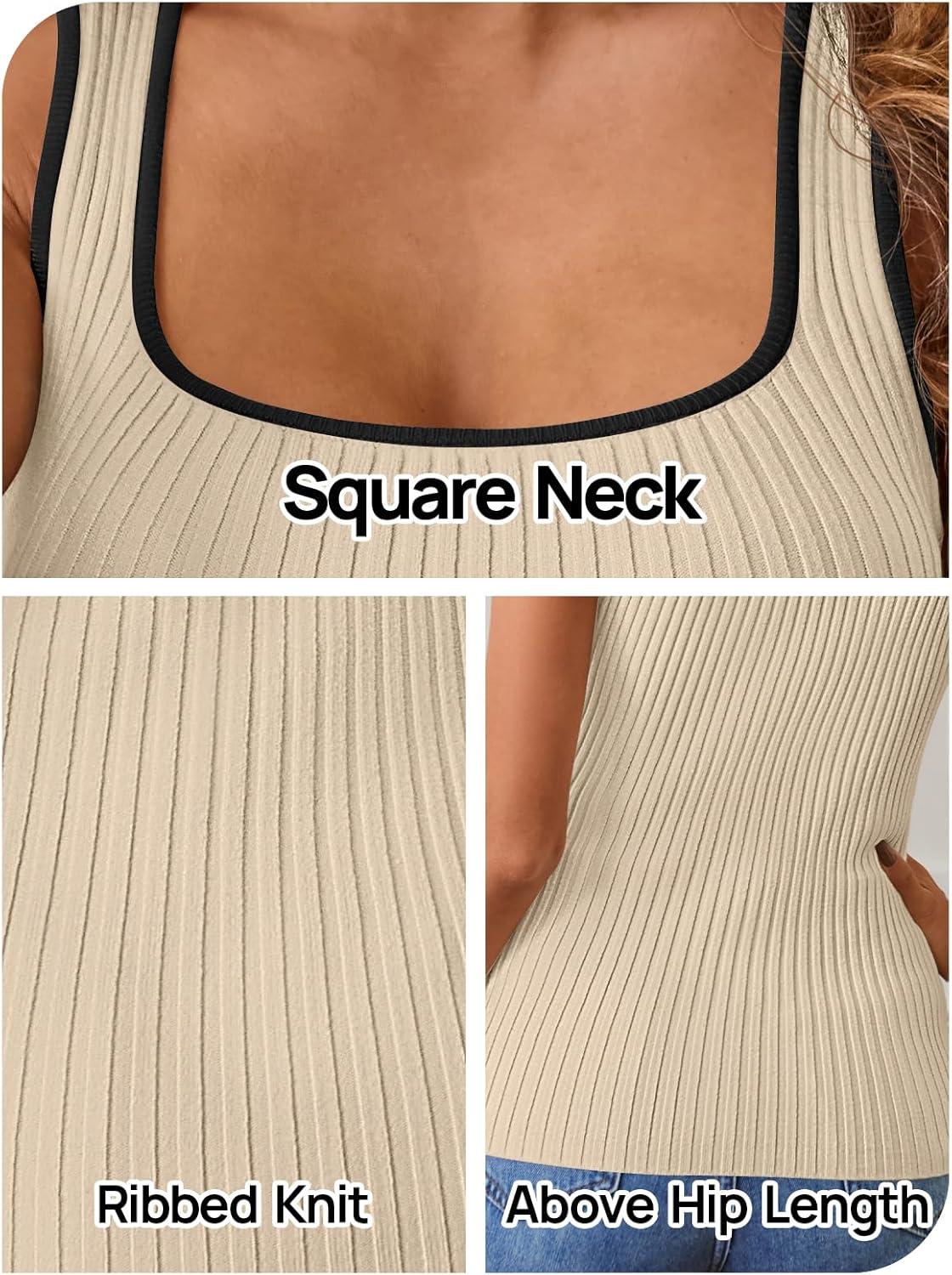 imageMEROKEETY Womens Sleeveless Square Neck Tank Tops 2026 Slim Fitted Color Block Knit Shirts Summer Basic Sweater VestBeige