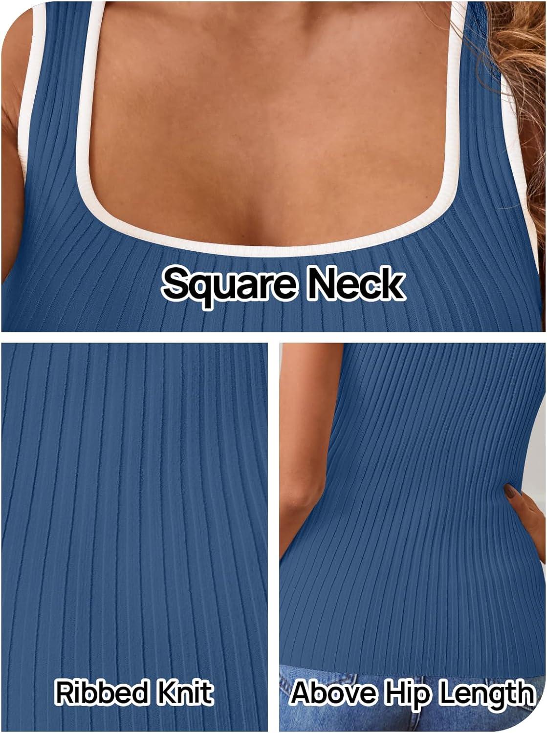 imageMEROKEETY Womens Sleeveless Square Neck Tank Tops 2026 Slim Fitted Color Block Knit Shirts Summer Basic Sweater VestDarkblue