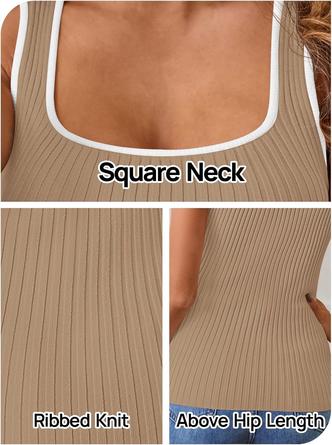 imageMEROKEETY Womens Sleeveless Square Neck Tank Tops 2026 Slim Fitted Color Block Knit Shirts Summer Basic Sweater VestKhaki