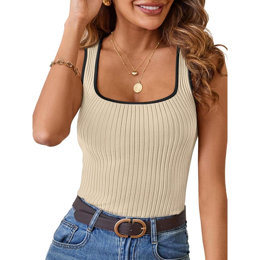 imageMEROKEETY Womens Sleeveless Square Neck Tank Tops 2026 Slim Fitted Color Block Knit Shirts Summer Basic Sweater VestBeige