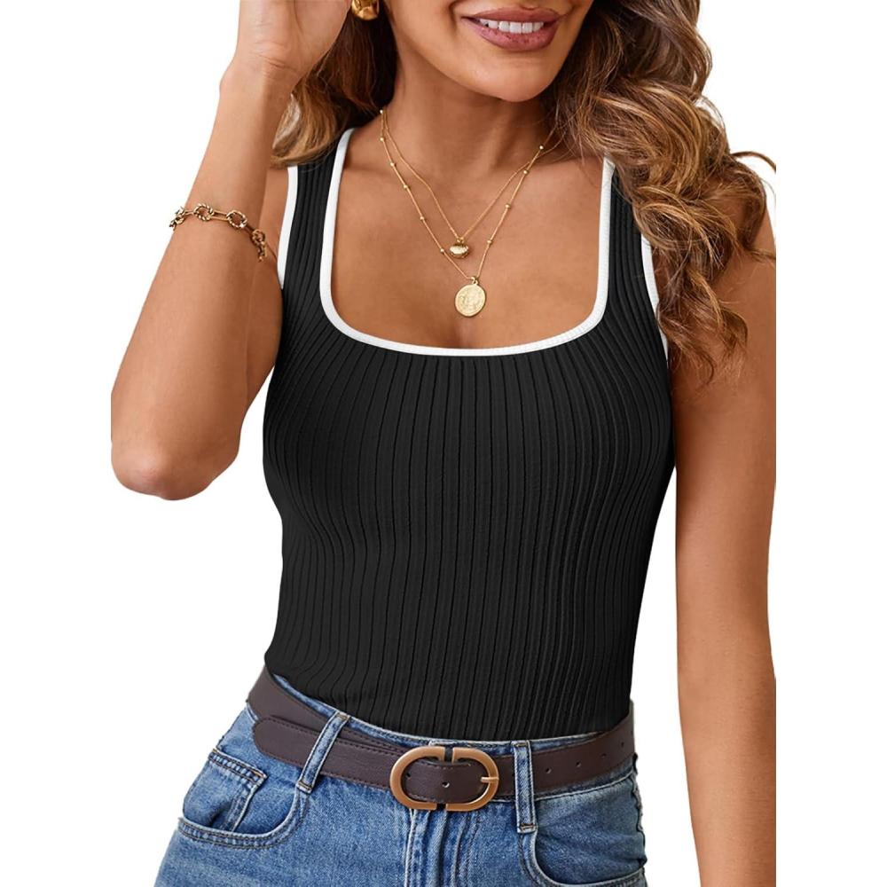 imageMEROKEETY Womens Sleeveless Square Neck Tank Tops 2026 Slim Fitted Color Block Knit Shirts Summer Basic Sweater VestBlack