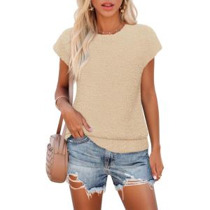 MEROKEETY Women’s Fall Fuzzy Fleece Sweater Vest Cozy Cap Sleeve Crew Neck Pullover Knit Tops(Beige)