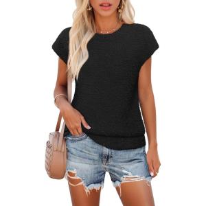 MEROKEETY Women’s Fall Fuzzy Fleece Sweater Vest Cozy Cap Sleeve Crew Neck Pullover Knit Tops(Black)