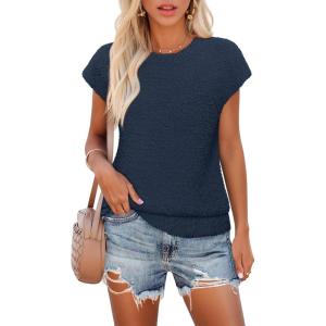 MEROKEETY Women’s Fall Fuzzy Fleece Sweater Vest Cozy Cap Sleeve Crew Neck Pullover Knit Tops(Navy)