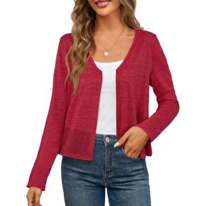 MEROKEETY Women’s Open Front Lightweight Cardigan 2026 Summer Casual Long Sleeve Button Beach Cover Up Tops(Red)