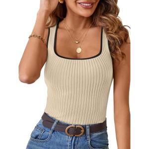 MEROKEETY Women’s Sleeveless Square Neck Tank Tops 2026 Slim Fitted Color Block Knit Shirts Summer Basic Sweater Vest(Beige)