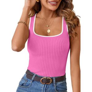 MEROKEETY Women’s Sleeveless Square Neck Tank Tops 2026 Slim Fitted Color Block Knit Shirts Summer Basic Sweater Vest(Hotpink)