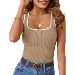 MEROKEETY Women’s Sleeveless Square Neck Tank Tops 2026 Slim Fitted Color Block Knit Shirts Summer Basic Sweater Vest(Khaki)
