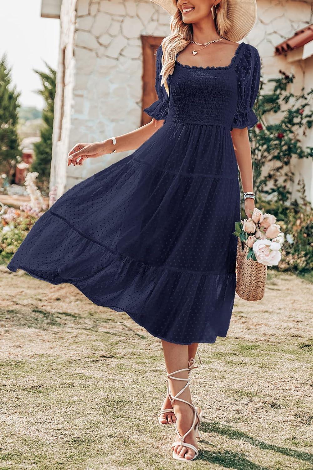 imageMEROKEETY Womens 2025 Summer Square Neck Puff Sleeve Boho Midi Dress Swiss Dot Ruffle Flowy Tie Back DressNavy