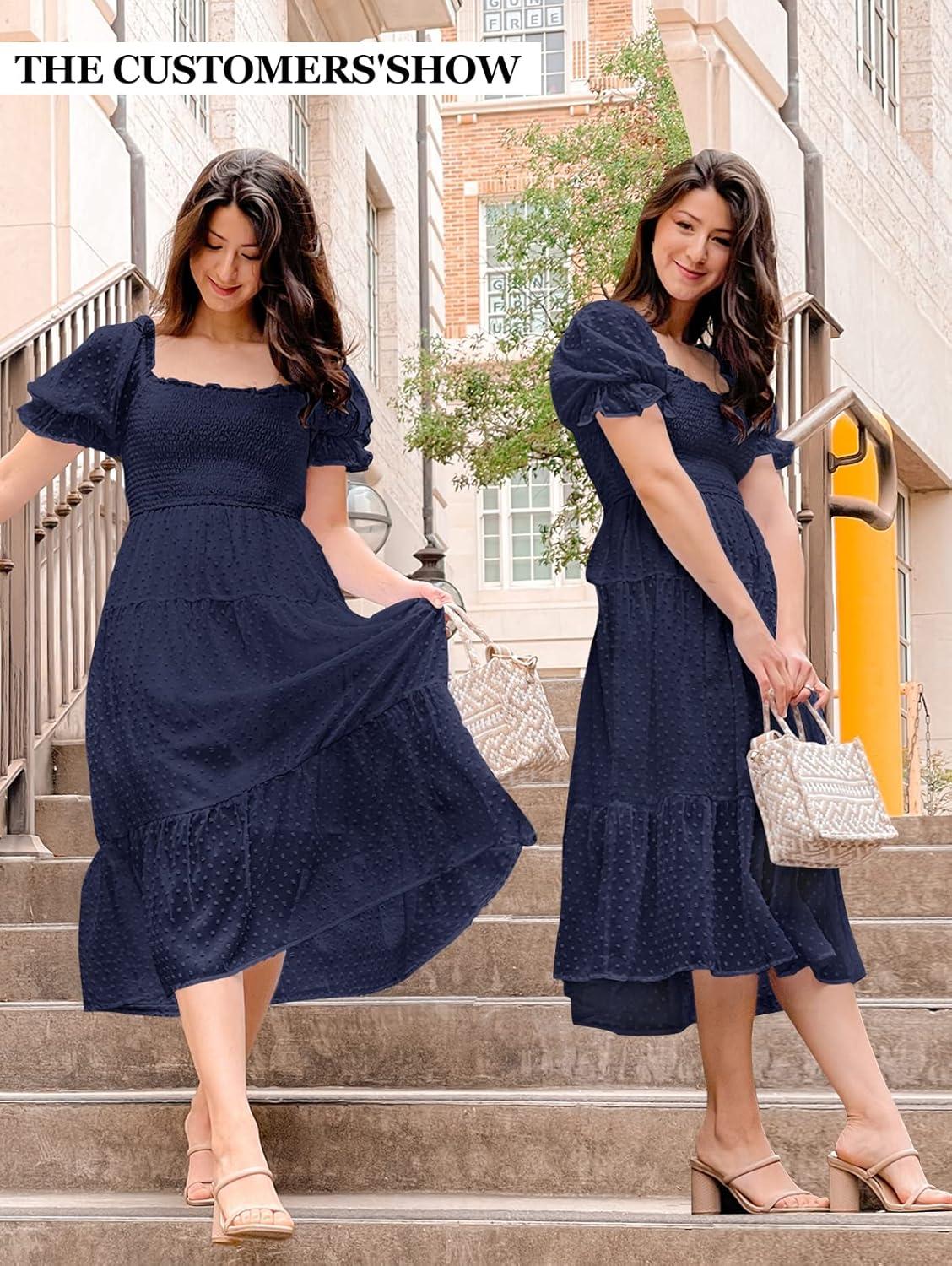 imageMEROKEETY Womens 2025 Summer Square Neck Puff Sleeve Boho Midi Dress Swiss Dot Ruffle Flowy Tie Back DressNavy